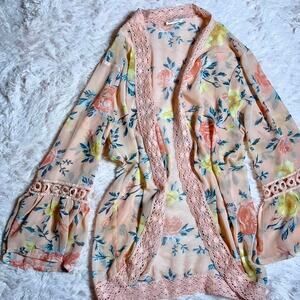 Pink Floral Lace Festival Coachella Boho Soft Girl Fairy Core Bell Sleeve Kimono